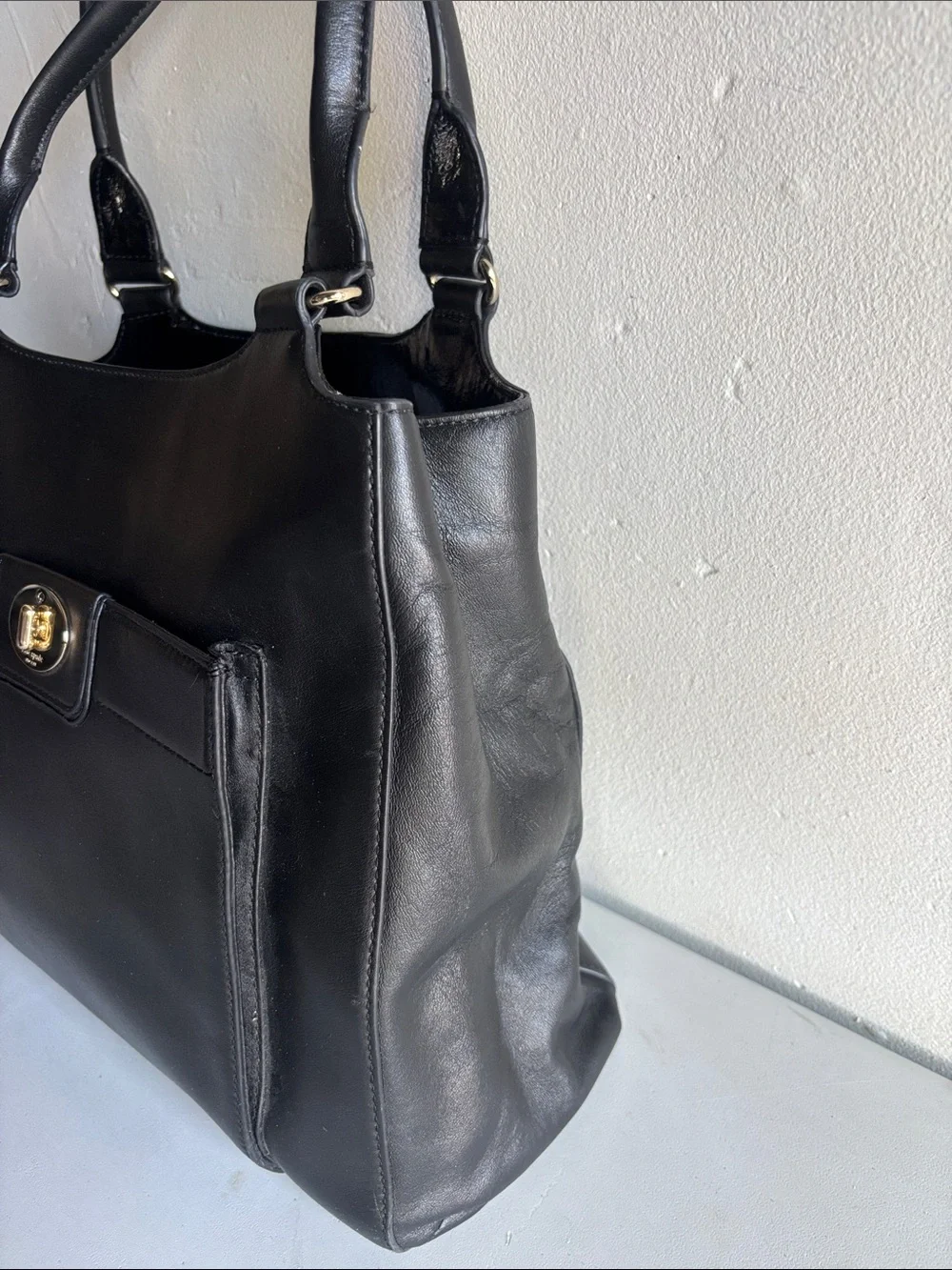 Classic Black Leather Tote with Turn-Lock Closure